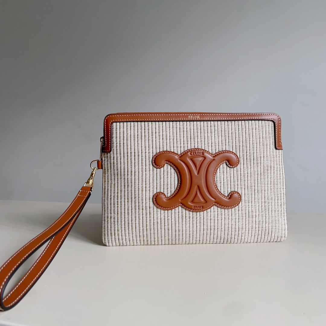 Celine SMALL POUCH WITH STRAP in TEXTILE WITH TRIOMPHE PRINT AND CALFSKIN 1 Celine SMALL POUCH WITH STRAP in TEXTILE WITH TRIOMPHE PRINT AND CALFSKIN