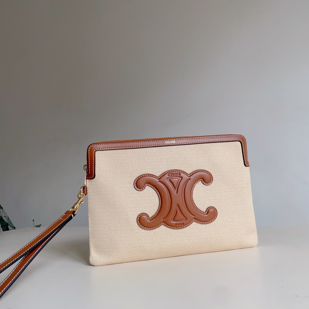 Celine SMALL POUCH WITH STRAP in TEXTILE WITH TRIOMPHE PRINT AND CALFSKIN 1 Celine SMALL POUCH WITH STRAP in TEXTILE WITH TRIOMPHE PRINT AND CALFSKIN