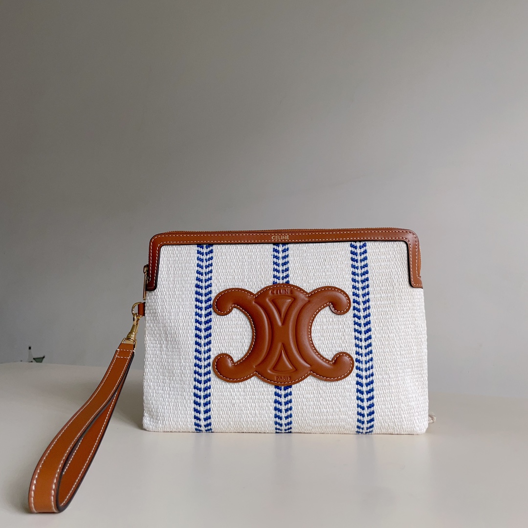 Celine SMALL POUCH WITH STRAP in TEXTILE WITH TRIOMPHE PRINT AND CALFSKIN 1 Celine SMALL POUCH WITH STRAP in TEXTILE WITH TRIOMPHE PRINT AND CALFSKIN
