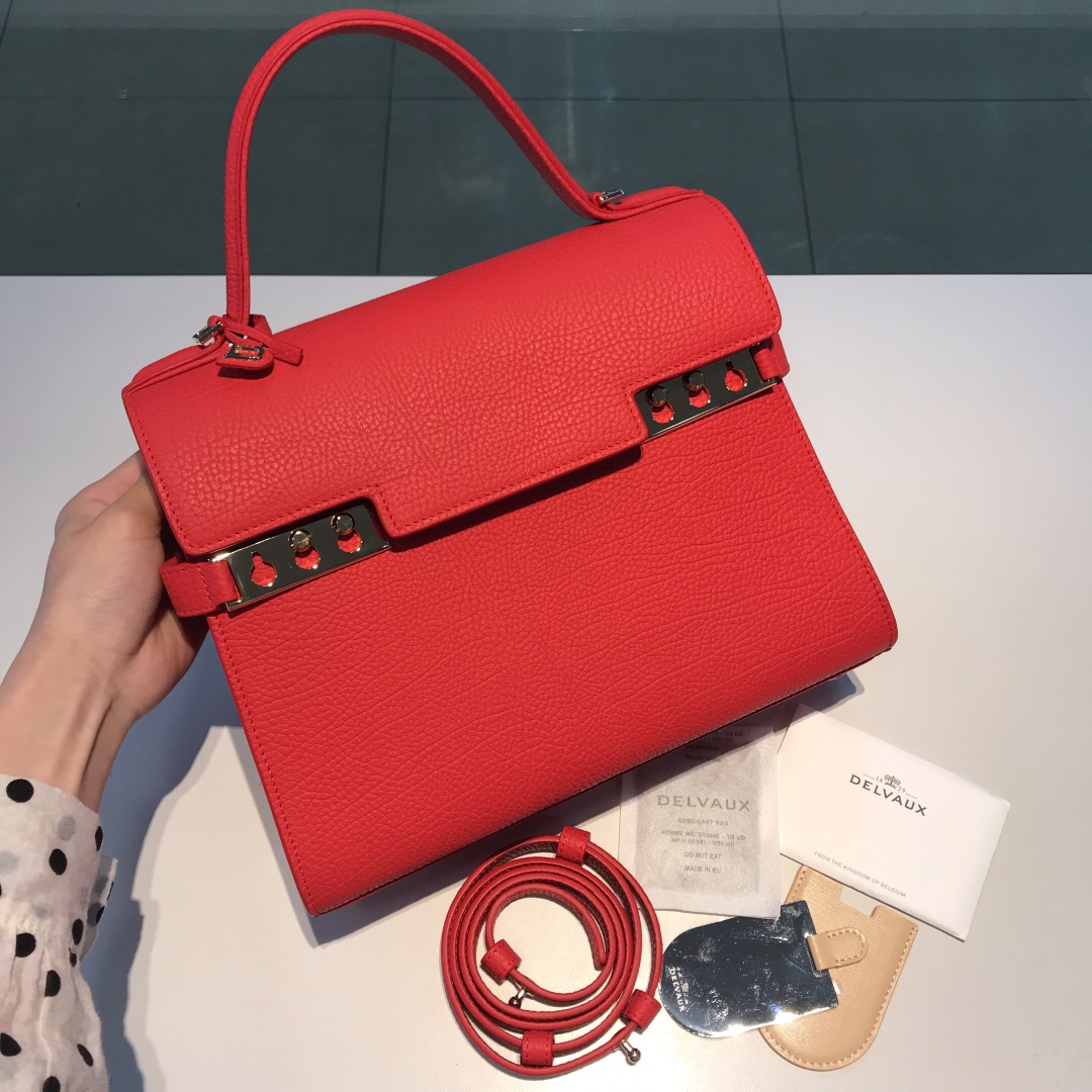 Delvaux empete MM swift calf leather Belgian 🇧🇪 Royal brand With matching shoulder strap, mirror and small pendant. Sheepskin lining Size: 28*10.5*21.5