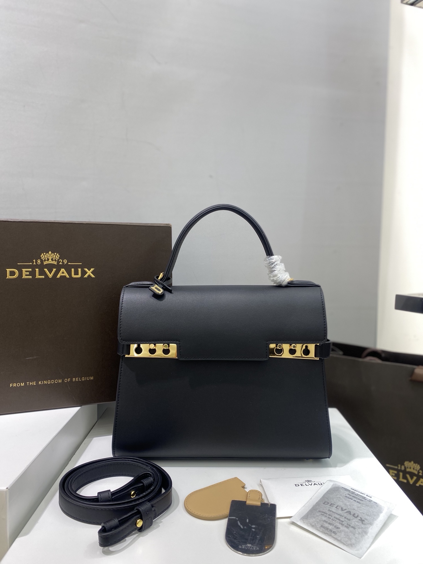 Delvaux Tempete MM swift calf leather Belgian 🇧🇪 Royal brand With matching shoulder strap, mirror and small pendant. Sheepskin lining Size: 28*10.5*21.5/