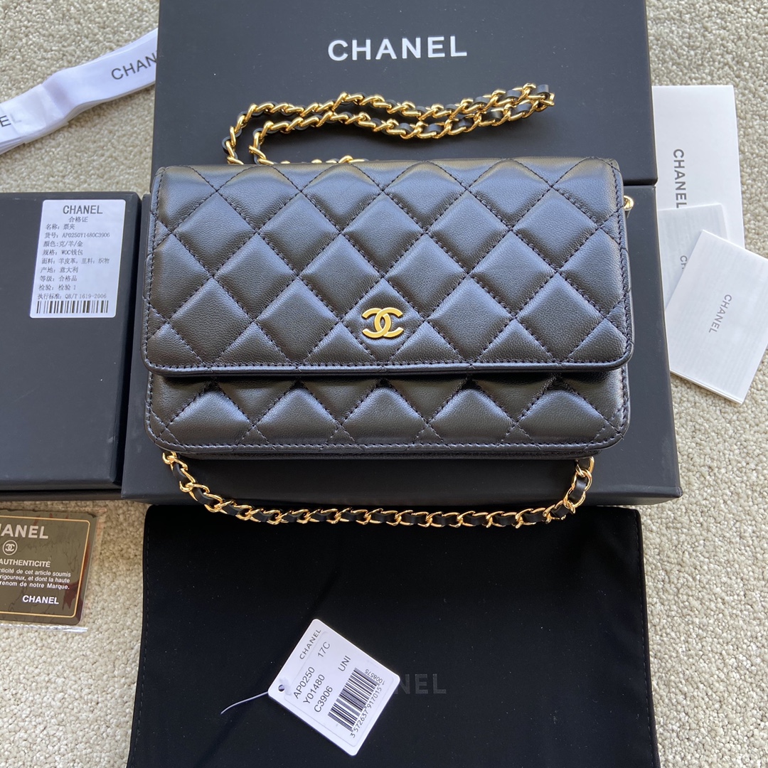 CHANEL Black lambskin with gold steel logo w20×h13×d3.5cm