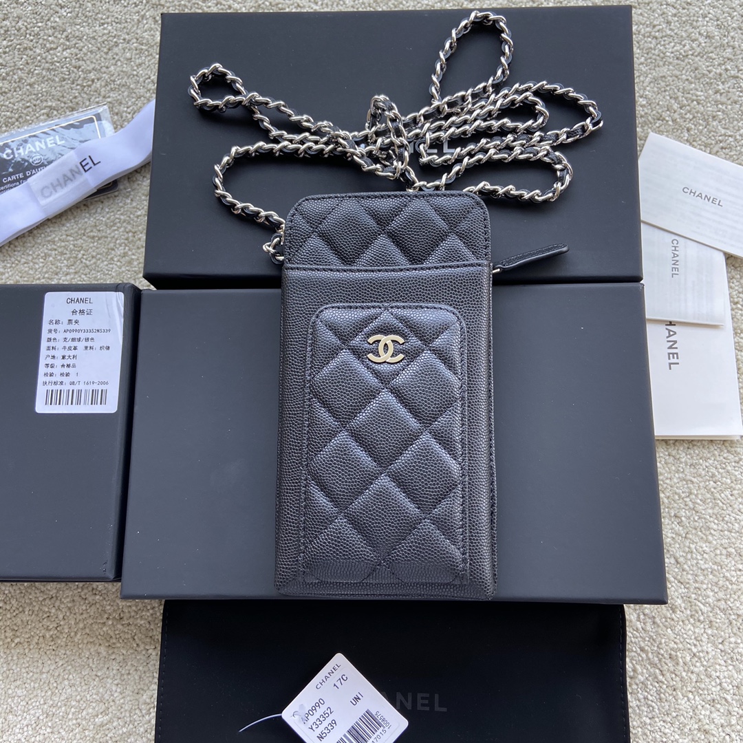 CHANEL   Black ball pattern silver buckle w18.5×h9×d3cm