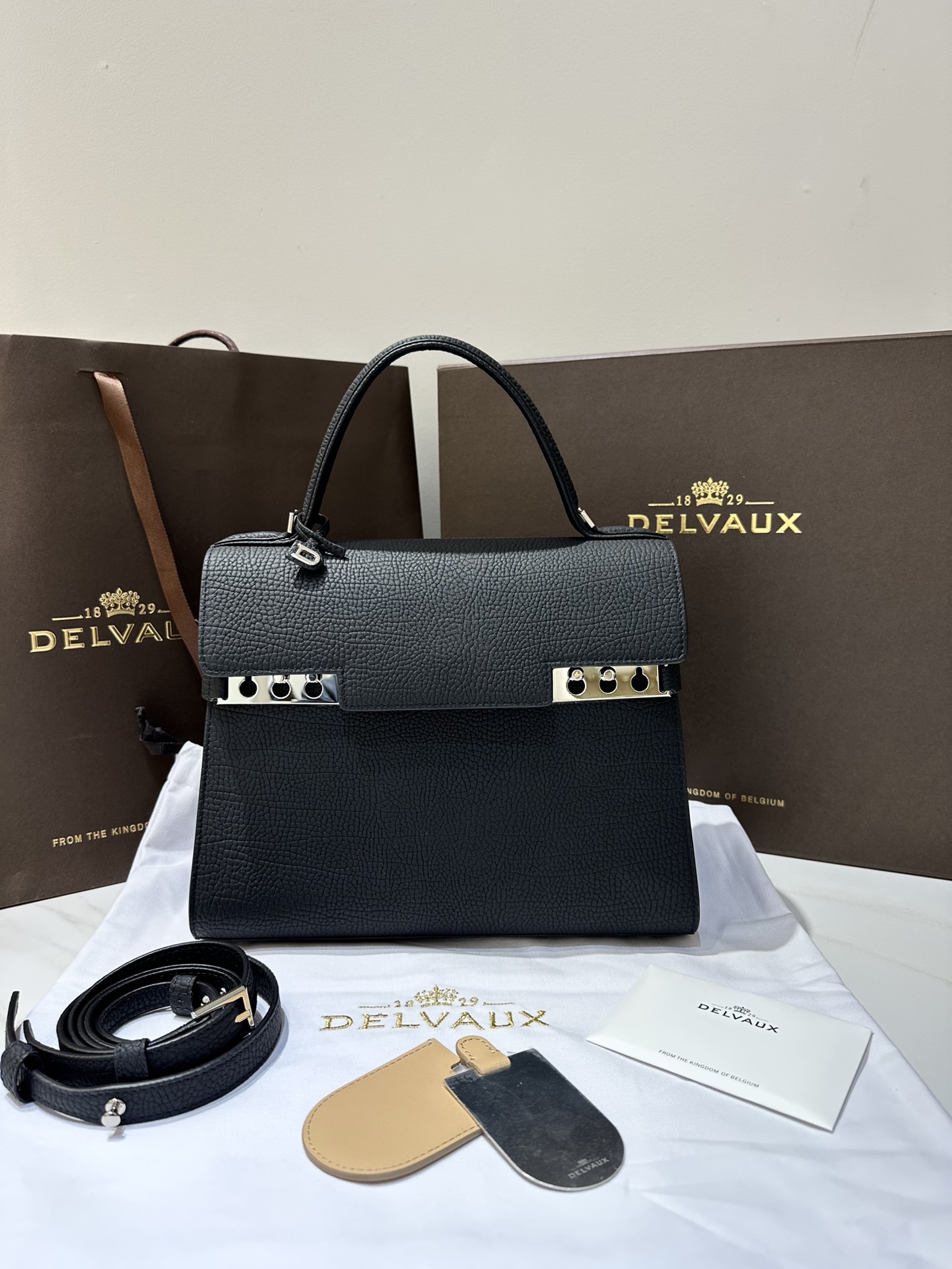 Delvaux Tempete MM cow neck leather Belgian 🇧🇪 Royal brand With matching shoulder strap, mirror and small pendant. Sheepskin lining Size: 28
