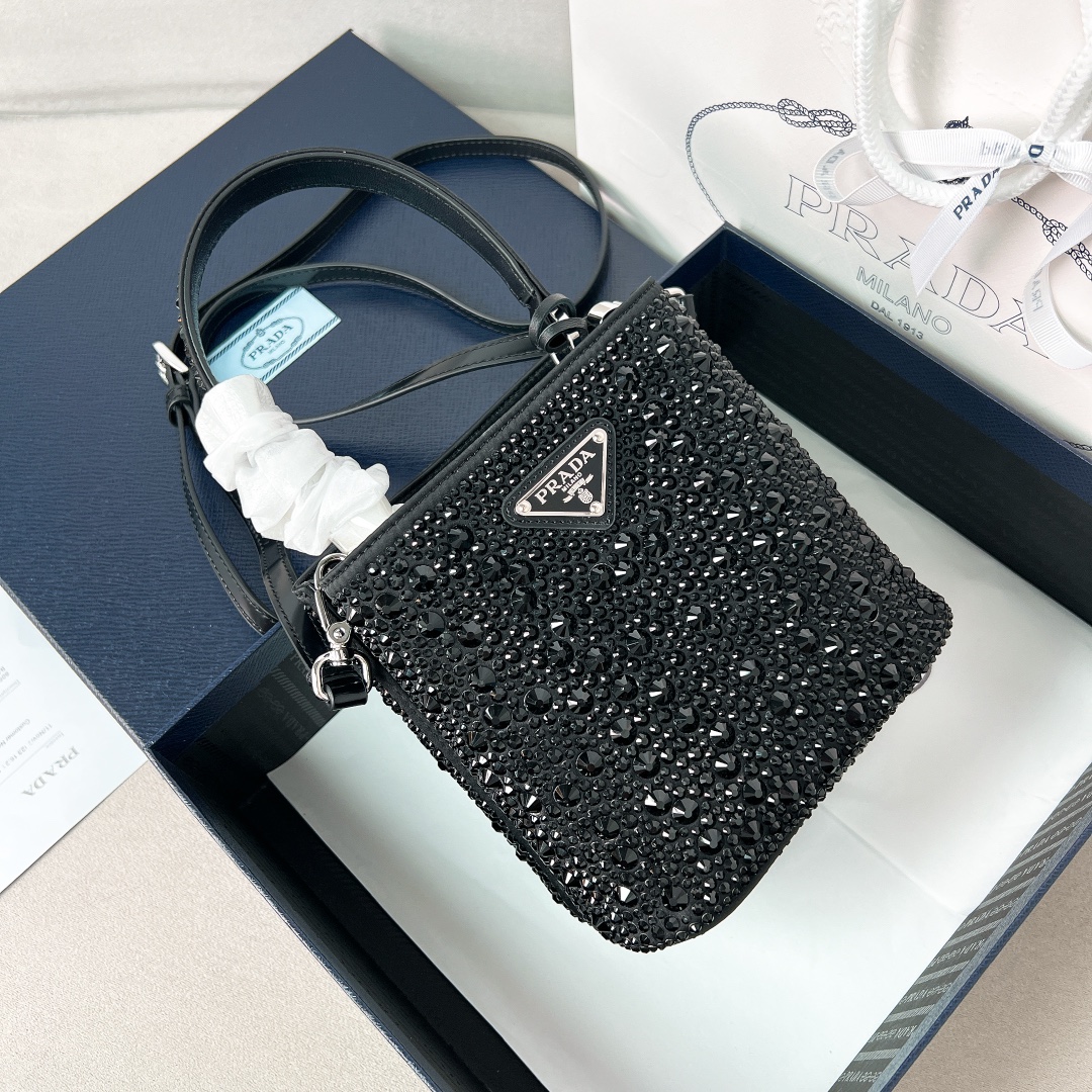 Prada crystal bucket bag extreme black 1BA373  16*15*9.5cm