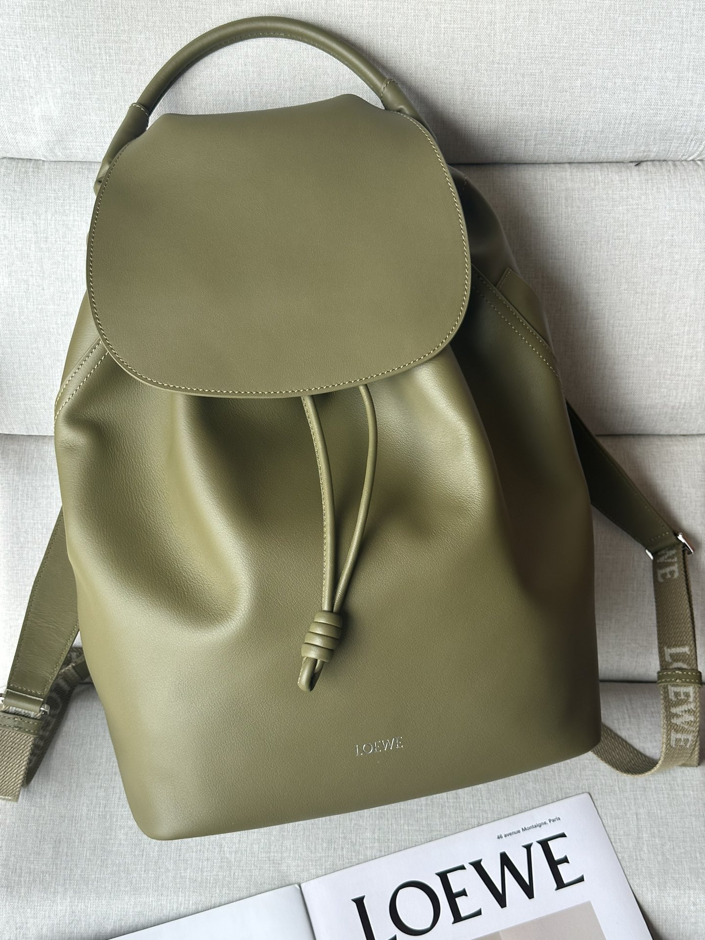 LOEWE Flamenco backpack in shiny soft calf leather Herringbone cotton-canvas lining 36.40.16