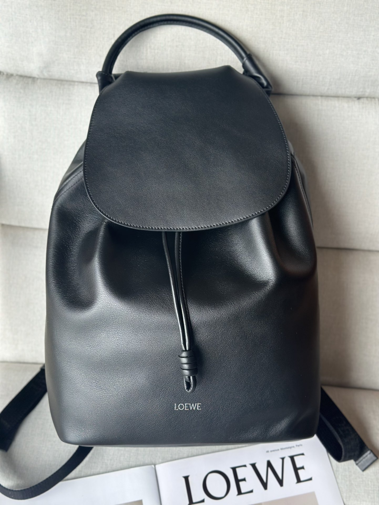 LOEWE Flamenco backpack in shiny soft calf leather Herringbone cotton-canvas lining 36.40.16