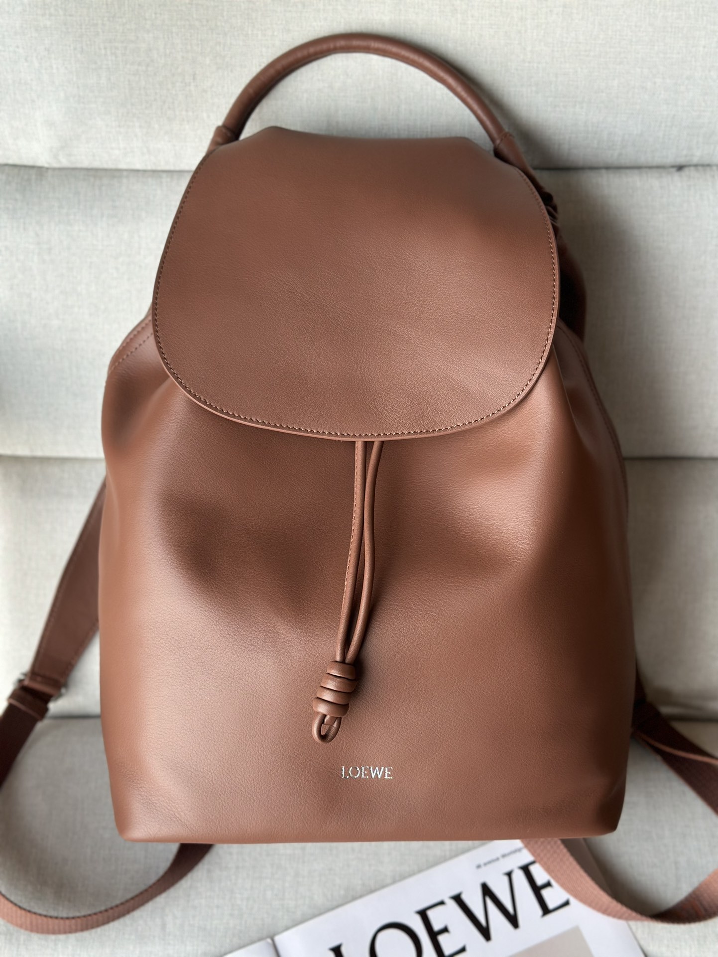 LOEWE Flamenco backpack in shiny soft calf leather Herringbone cotton-canvas lining 36.40.16