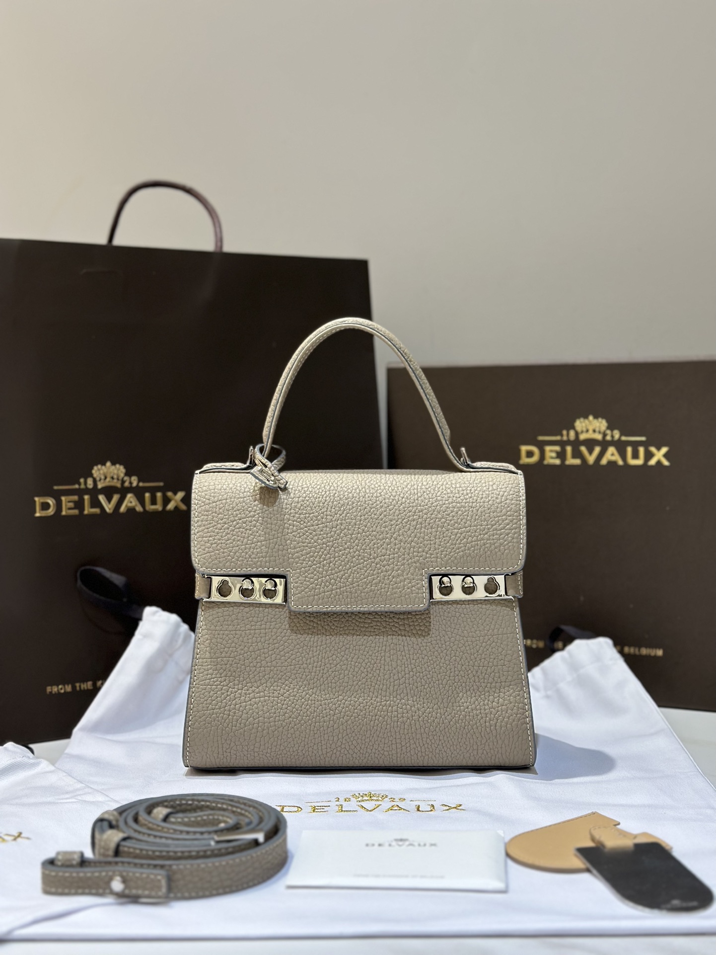 Delvaux Tempete PM new size, cow neck pattern cream gray Tempete was created in 1967 by the renowned Belgian architect Paule Goethals for the 1967 “Yachting” series Size: 21.5cm wide, 19cm high, 10cm deep