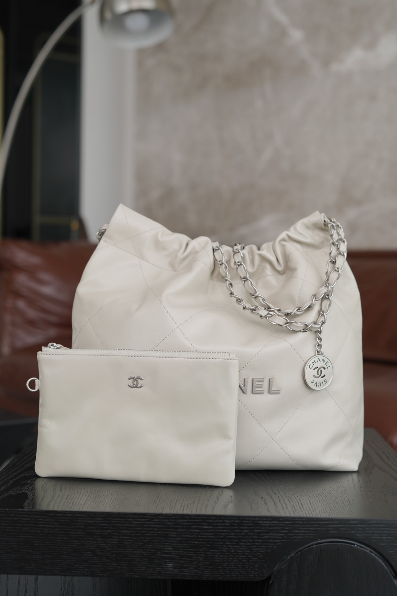 CHANEL Genuine tail leather small light gray silver buckle Using Italy 🇮🇹 "montebello" first-class original tail leather